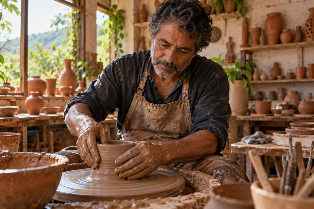 Artesão modelando cerâmica em oficina com luz natural, cena documental conceitual.