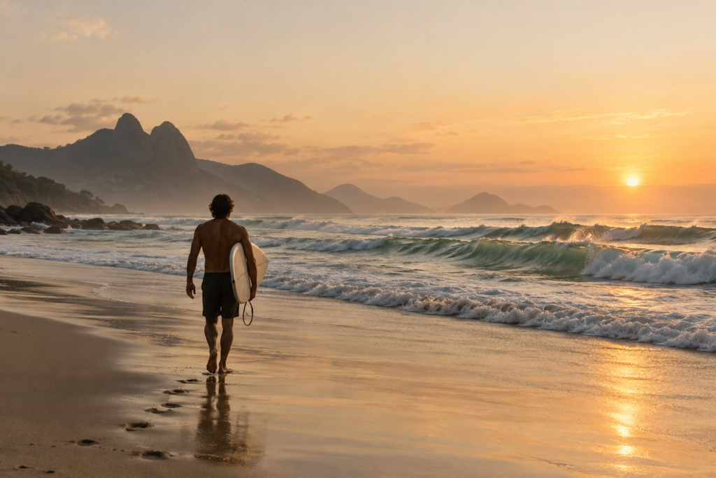 Surfista caminhando na praia ao nascer do sol, cena de filme lifestyle conceitual.