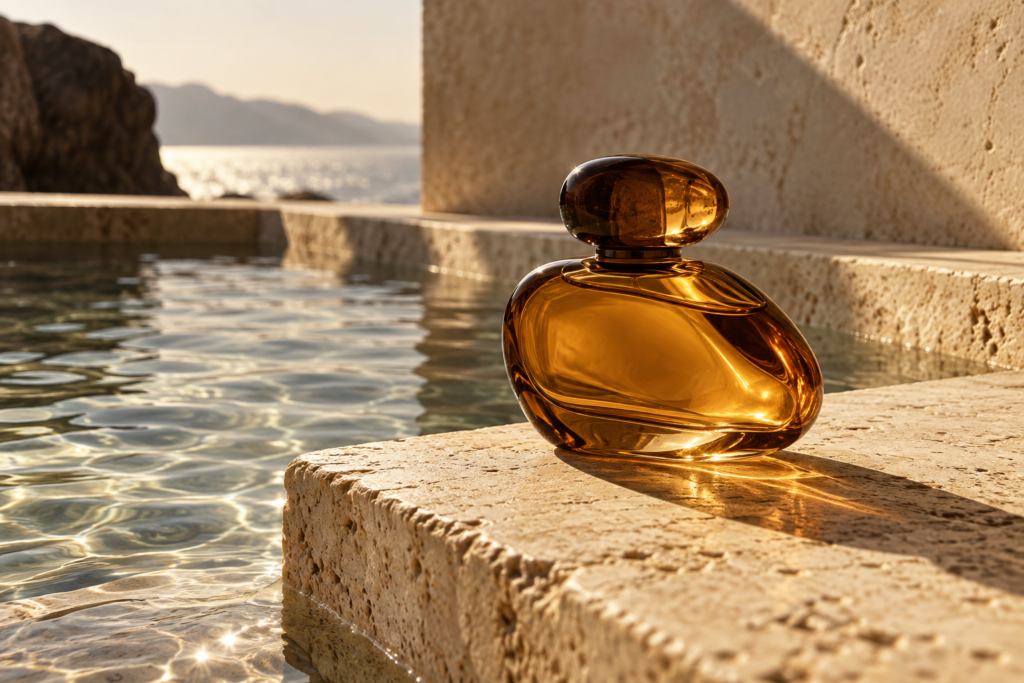Frasco de perfume âmbar sobre pedra clara junto à água, em cena publicitária conceitual.