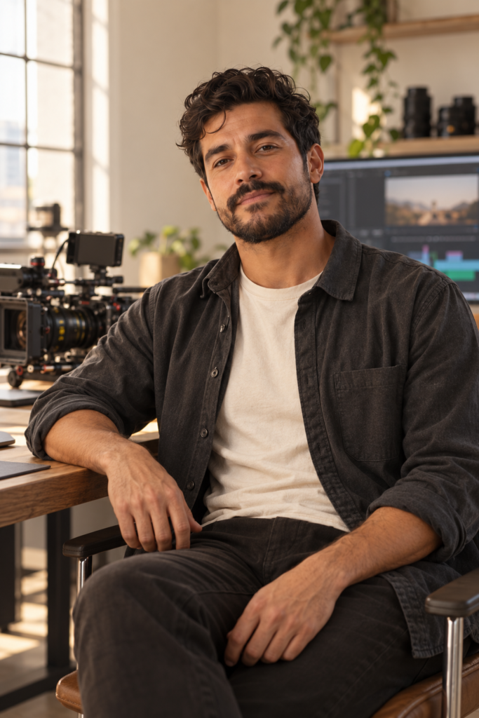 Retrato de videomaker fictício sentado em estúdio de edição, com câmera ao fundo.